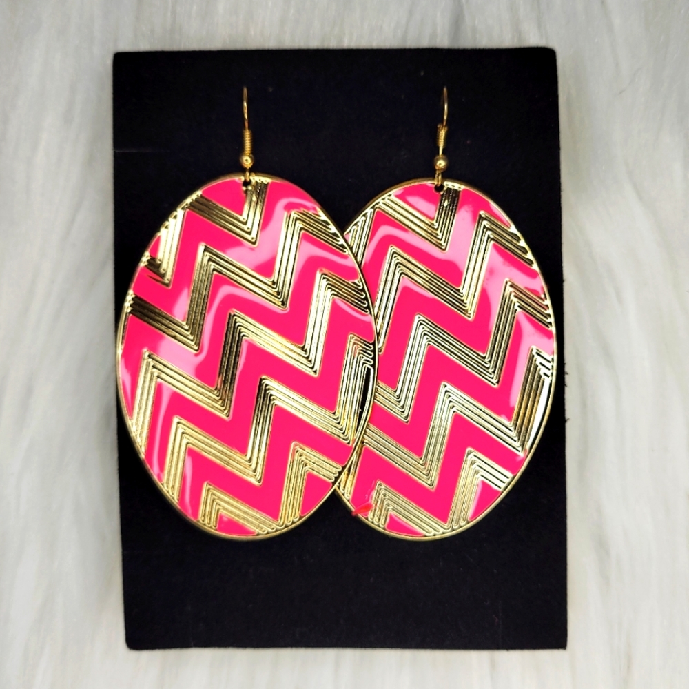 Neon Pink & Gold Chevron Striped Earrings